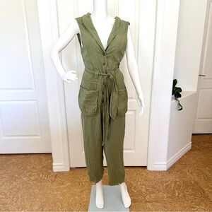 Grizas 100% Linen Olive Open Back  Cargo Jumpsuit (S)